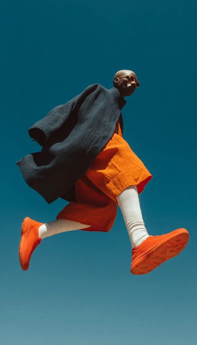 A dynamic full-figure shot of a person leaping against a clear blue sky, showcasing a striking contrast between an orange outfit and a dark, flowing coat. The image is captured in a high-gloss editorial style, emphasizing the vibrant colors.
