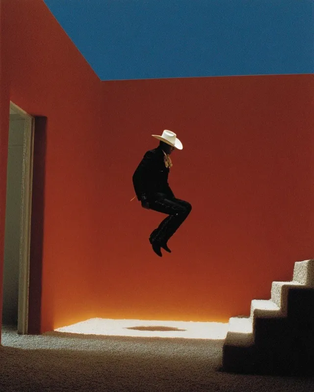 A levitating figure dressed in a black outfit and white hat in a vibrant orange room with a stark blue ceiling, captured in a surreal style. The composition evokes a dreamy and luxurious mood with bold colors.