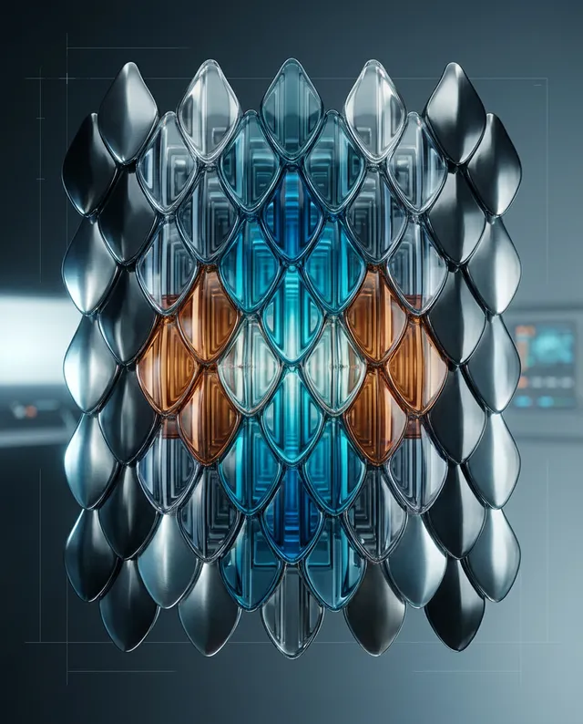 A 3D render of a futuristic metallic structure composed of interlocking scales in a mesmerizing gradient of blue, orange, and silver hues. The sleek, high-tech design radiates sophistication, illuminated by soft, diffused lighting.