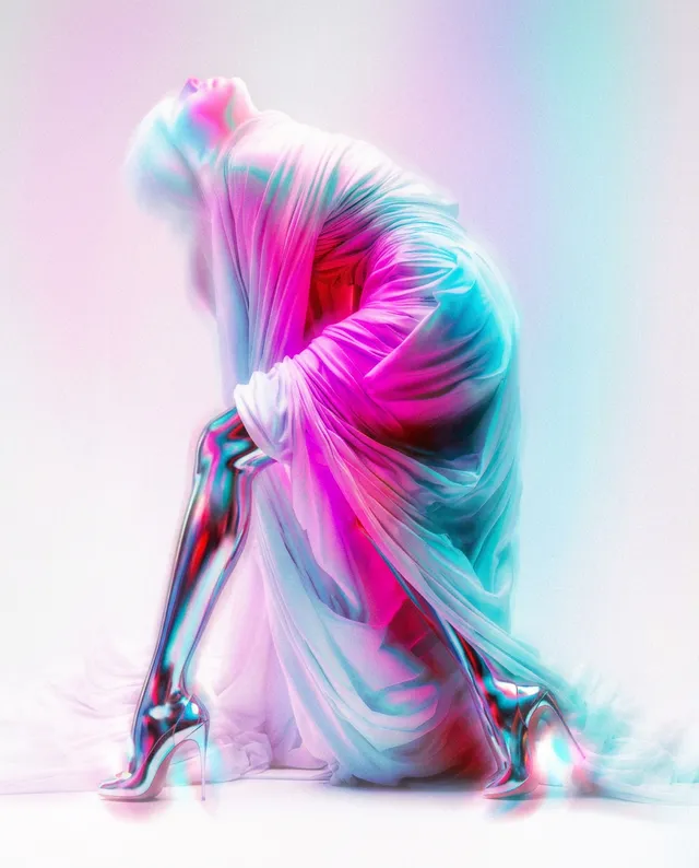 A serene editorial photograph of a woman gracefully posing in a flowing white garment, with a focus on her elongated limbs and metallic footwear. The image features a soft, dreamlike pastel palette with hints of pink, blue, and white.