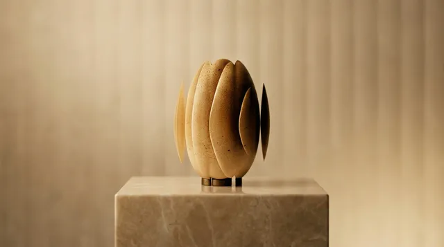 A close-up of a modern sculptural lamp resting on a marble pedestal, captured in a soft-focus editorial photograph. The mood is luxurious, with a warm palette of beige and cream tones.