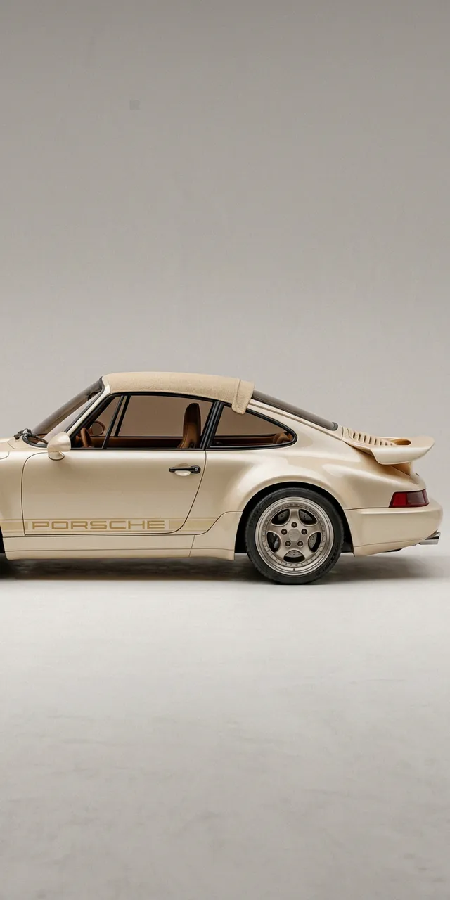 A detailed side view of a classic Porsche car, showcasing its sleek design and vintage charm. The image is a high-quality studio photograph with warm beige tones dominating the palette.