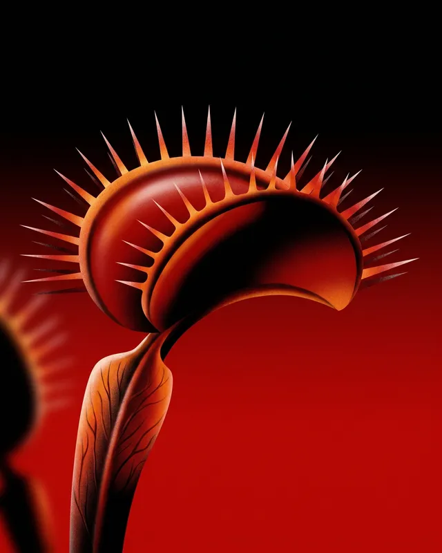 A vibrant digital illustration of a Venus flytrap plant against a gradient red background, showcasing its sharp spines