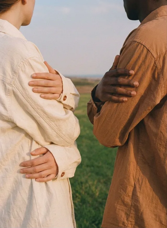 A poignant editorial photograph capturing a couple standing back-to-back in a field, with their arms gently crossed. The mood is serene, featuring soft, warm tones of skin and muted clothing against a natural background.