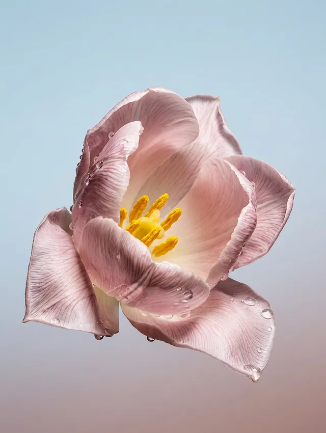 A close-up of a pink flower with delicate petals and droplets of water, set against a softly blurred pastel background