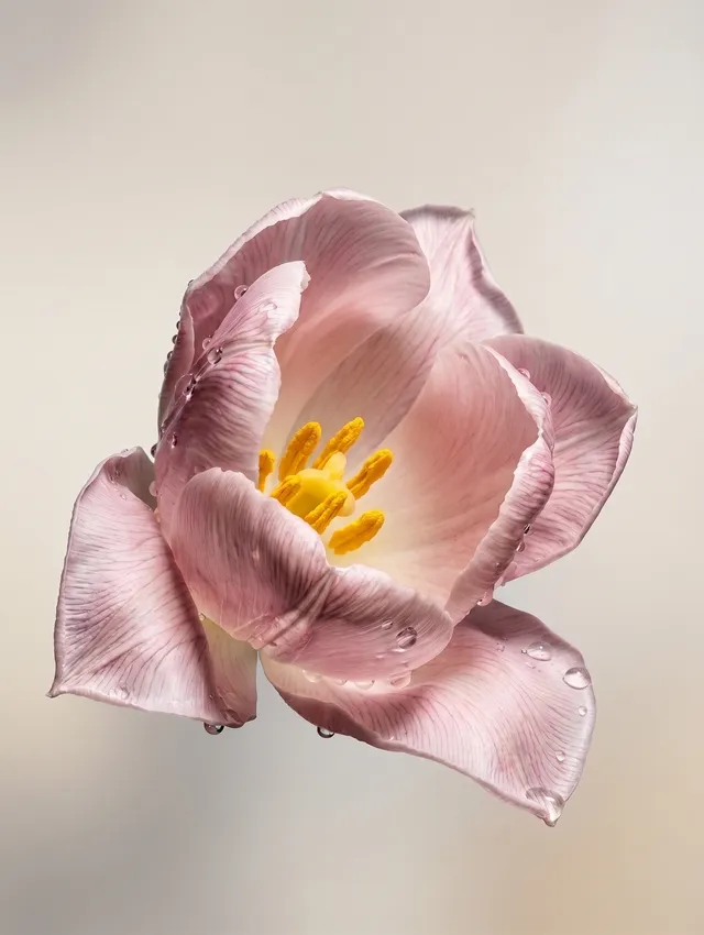A close-up of a delicate pink tulip flower with water droplets, showcasing detailed petal texture