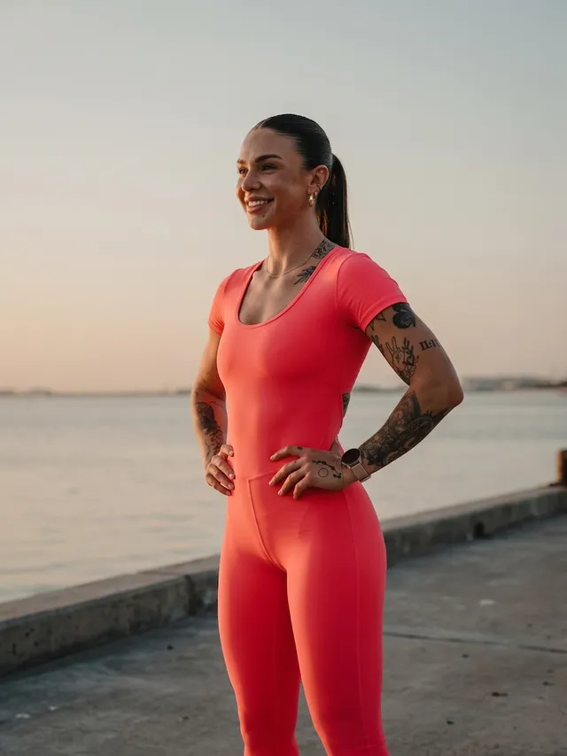 Portrait of a woman in a pink bodysuit with a sunset background.