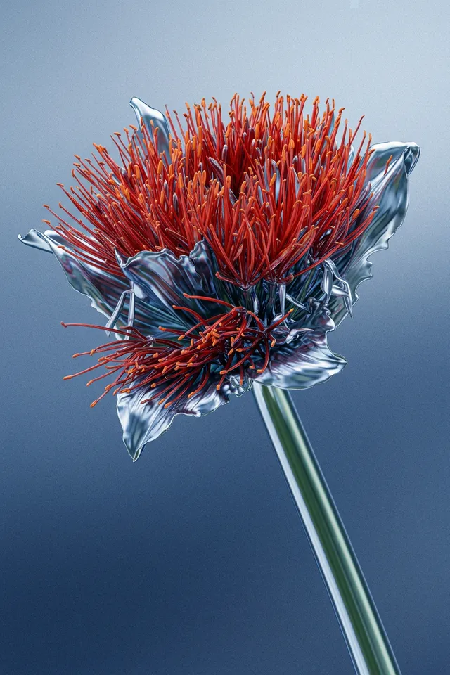 A vibrant flower with metallic petals and bright orange filaments, captured in a highly detailed digital illustration