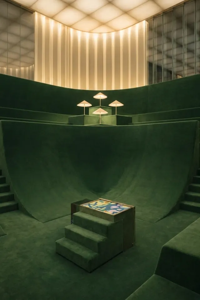 Interior space with green surfaces, minimalist steps, and three modern lamps.