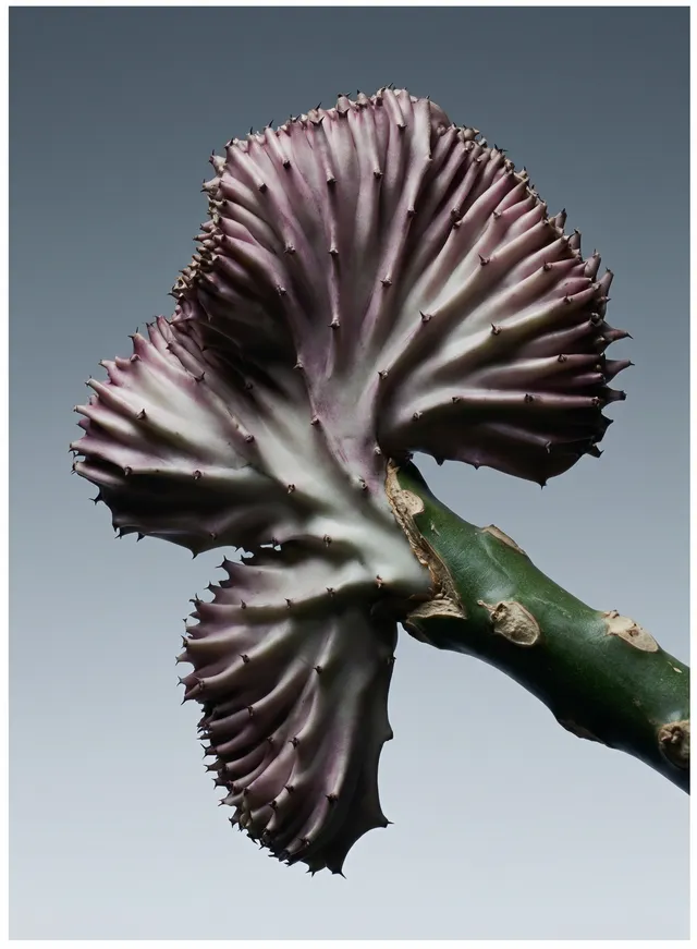A close-up view of an intricately shaped cactus with a striking purple and green coloration, showcasing its unique textures