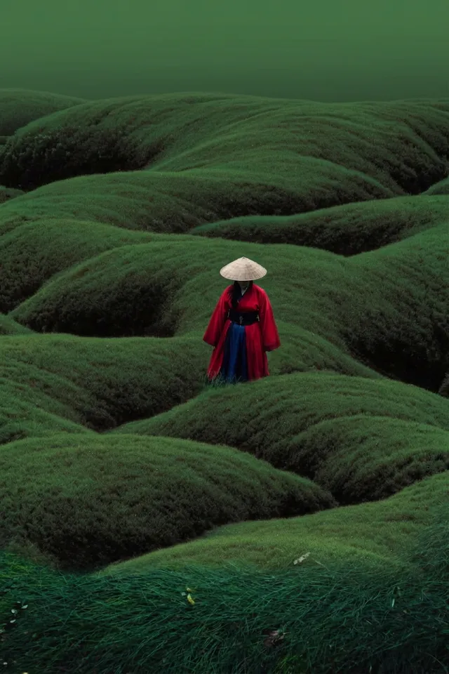 A woman in a traditional dress stands in a green landscape.