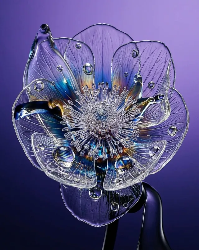 A striking close-up of a glass flower sculpture with intricately detailed petals, shimmering with iridescent hues