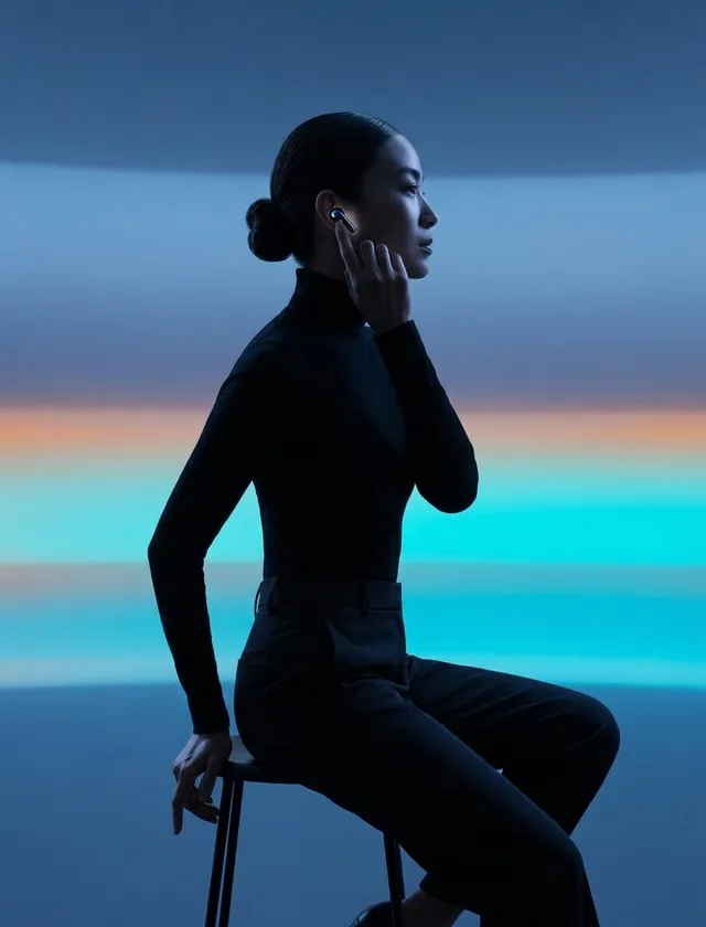 A portrait of a woman in profile, wearing wireless earbuds, set against a backdrop of soft gradient lighting. The visual medium is editorial photography, conveying a serene and modern mood with cool blue and orange tones.