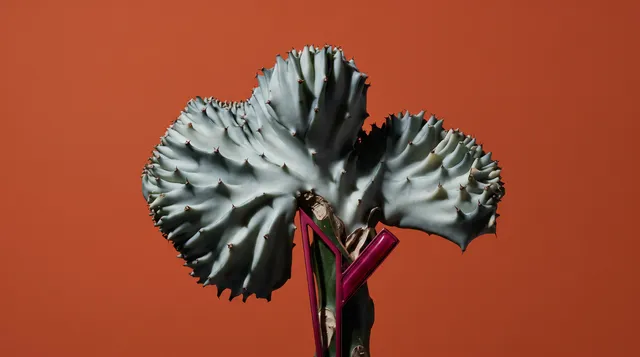 A close-up of a unique cactus with an organic, sculptural form, set against a bold orange background