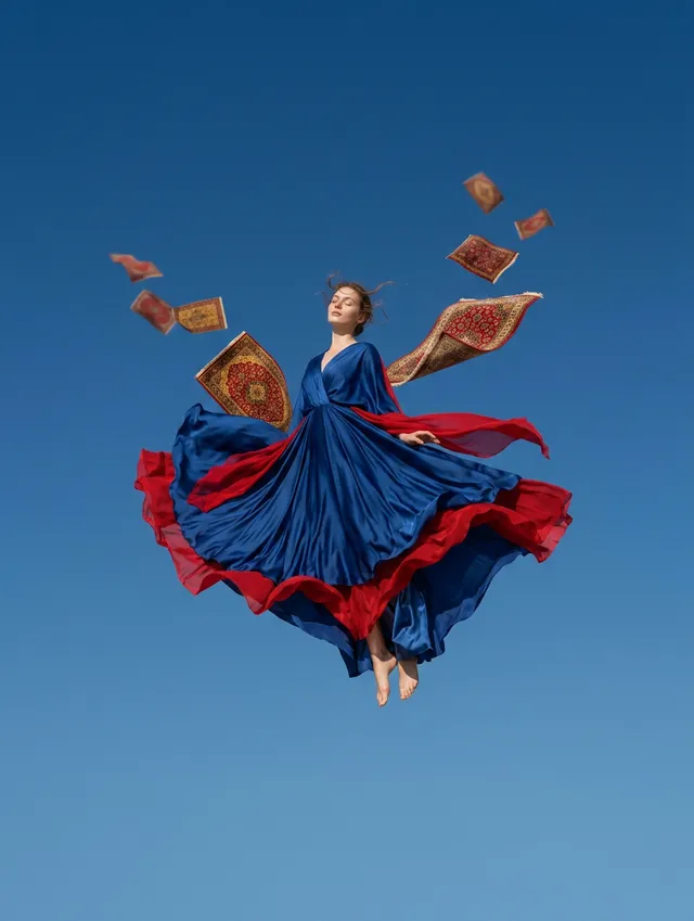 A full-figure portrait of a woman floating gracefully against a clear blue sky, adorned in a flowing blue and red gown. The image captures a whimsical and surreal atmosphere, with patterned fabrics fluttering around her.