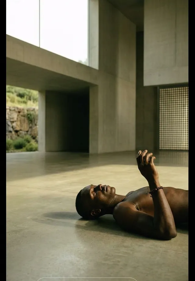 A man lying on a polished concrete floor in a minimalist interior with large windows.