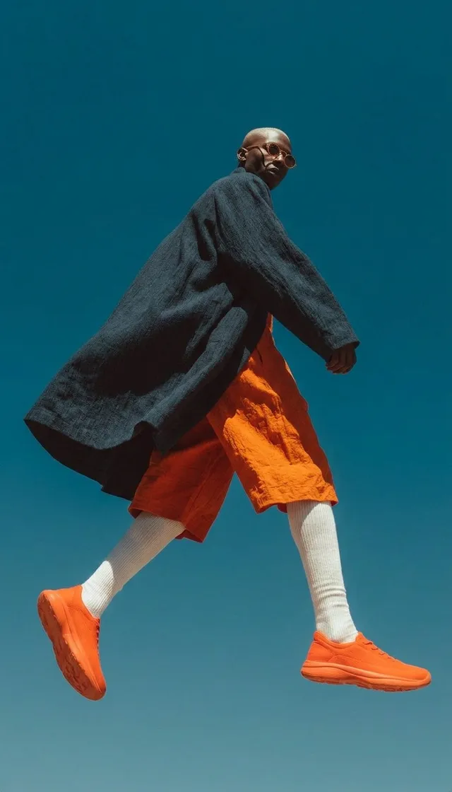 A full-figure portrait of a man in mid-air, showcasing vibrant streetwear against a clear blue sky. The visual style is editorial photography with a moody and playful mood, dominated by orange and blue tones.