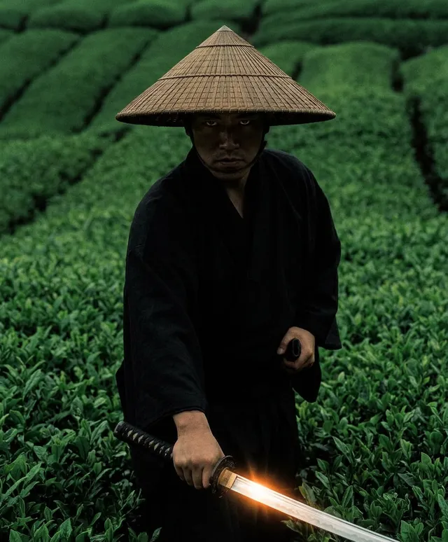 Man in dark traditional clothing holding a sword in green tea fields.