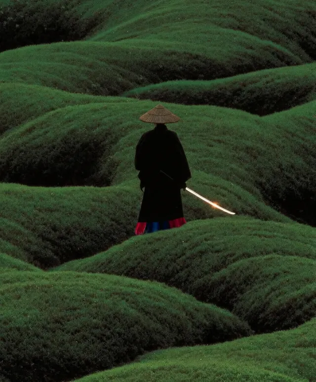 A figure wearing a straw hat stands in green hills under a serene sky.
