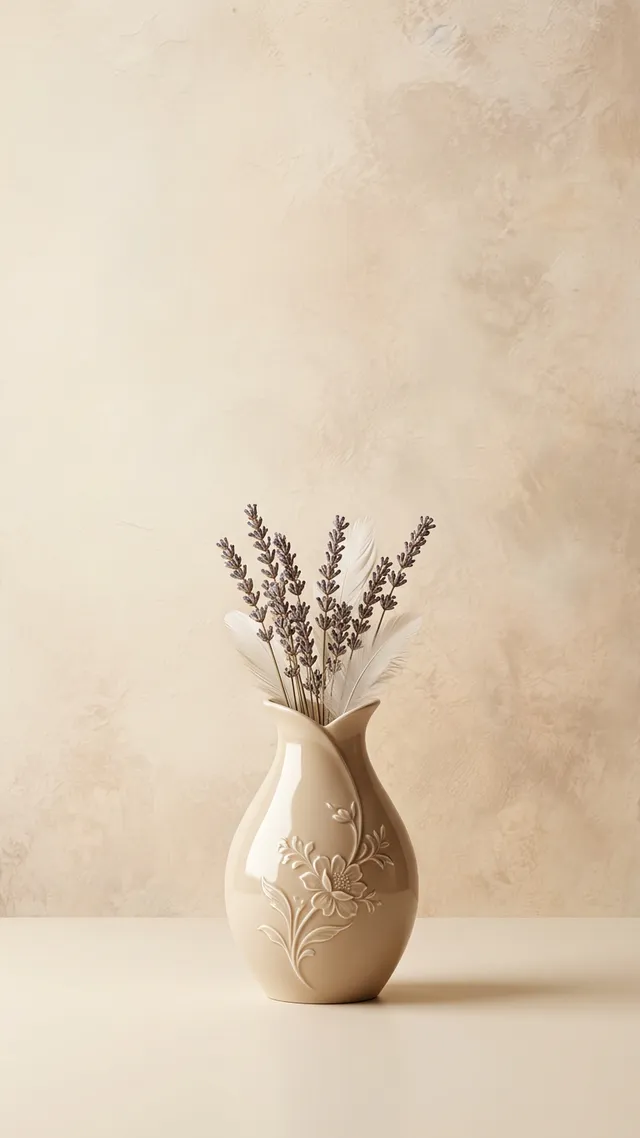A serene still-life arrangement featuring a beige vase adorned with floral motifs, holding lavender sprigs and white feathers. The background has a subtle, textured cream tone, enhancing the soft, minimal aesthetic.