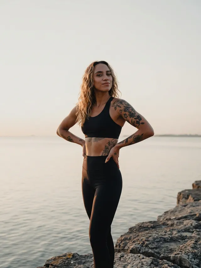 Sporty woman with tattoos poses on rocks at sunset