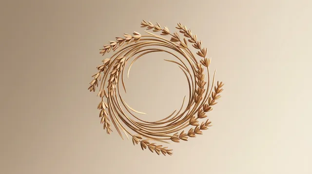 An elegant circular design featuring stylized wheat stalks, created as a 3D render. The warm, muted colors and soft shadows impart a sense of sophistication and elegance.