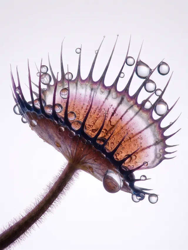 An intricate and detailed close-up of a sundew plant droplet, showcasing its unique, tentacle-like hairs and glistening water