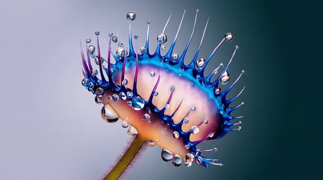 A close-up, vibrant illustration of a colorful water droplet-covered flower, displaying intricate textures and shapes
