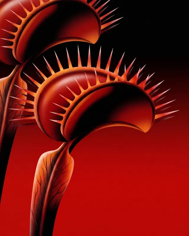 A digital illustration of vivid, stylized Venus flytraps against a gradient red background