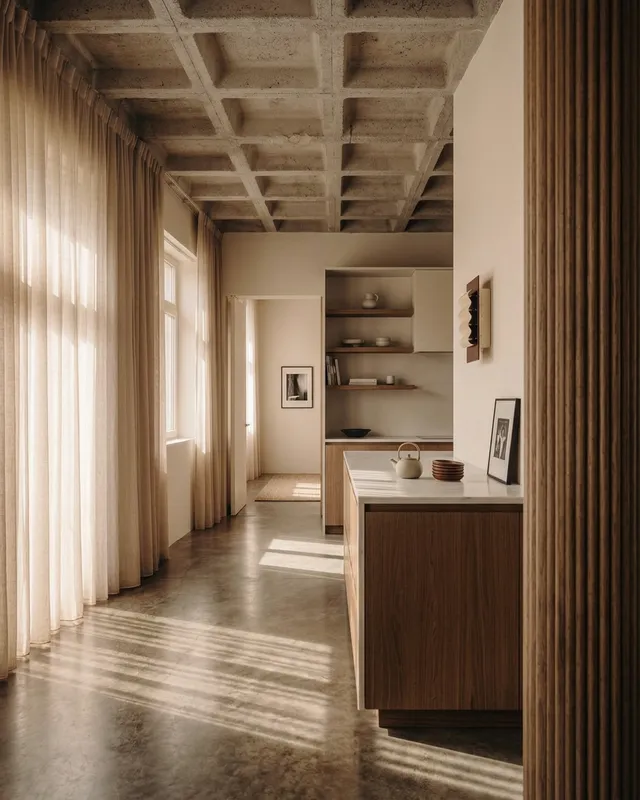 A serene interior space featuring a modern kitchen and living area with natural light streaming through sheer curtains. The warm colors of the wooden furniture and polished concrete floor create a calming atmosphere.