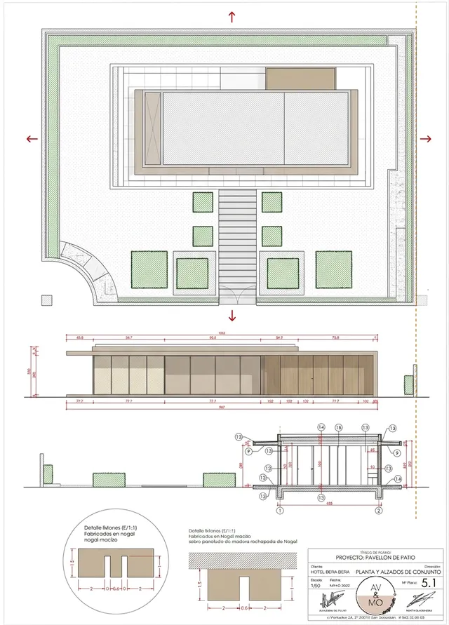 A detailed architectural plan showcasing a modern pavilion layout in a minimalistic style, with clear outlines indicating different areas and features. The dominant colors are soft beige and light green, conveying a clean and serene atmosphere.