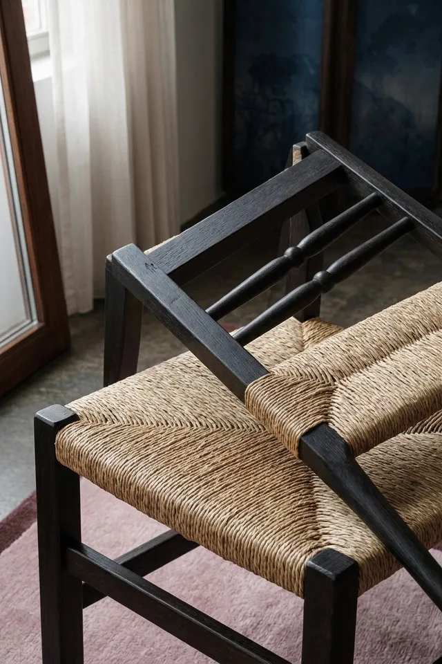 An artistic photograph showcasing a wooden chair with a woven seat, laid at an unusual angle. The image exudes a serene mood with a muted color palette of browns and soft tones.