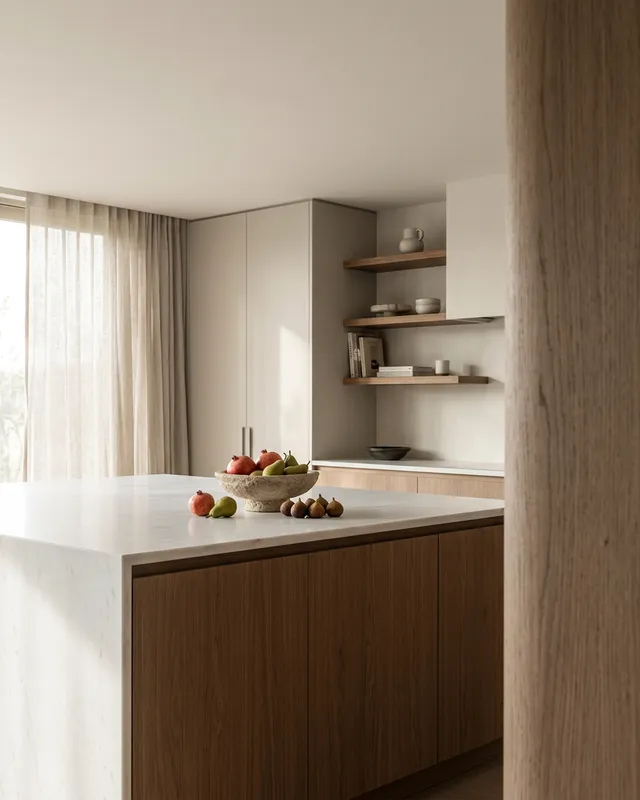 A modern kitchen interior featuring an island with a bowl of fresh fruits, highlighted by soft natural light filtering through sheer curtains. The decor combines sleek cabinetry and warm wooden elements, creating a serene atmosphere.