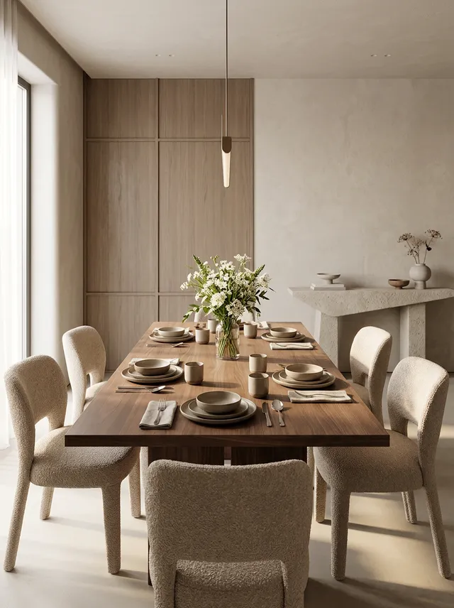 A serene interior scene showcasing a modern dining room with a wooden table set for a meal. The soft texture of the chairs and natural light create a calm atmosphere dominated by neutral tones.