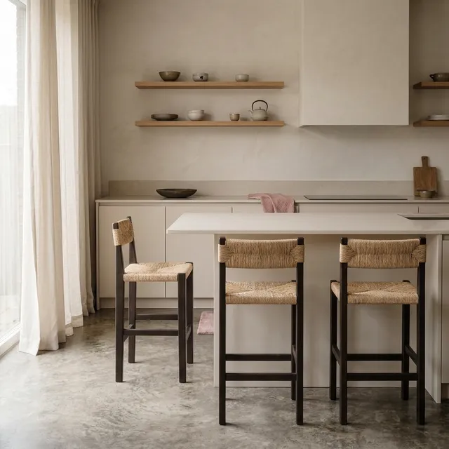 A serene interior scene featuring three rustic bar stools in a minimalist kitchen. The predominant colors are soft beige and natural wood tones, creating a calming aesthetic.