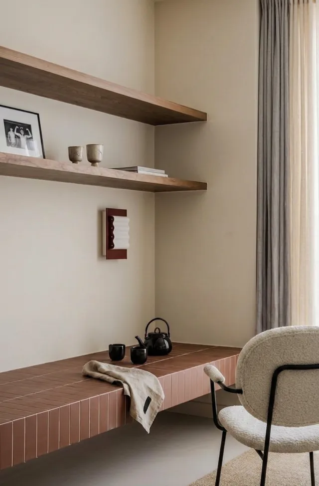 A serene interior scene featuring a minimalist design, characterized by soft neutral colors and natural materials. The image captures a cozy nook with a low shelf displaying decorative objects and a stylish chair, evoking a modern aesthetic.
