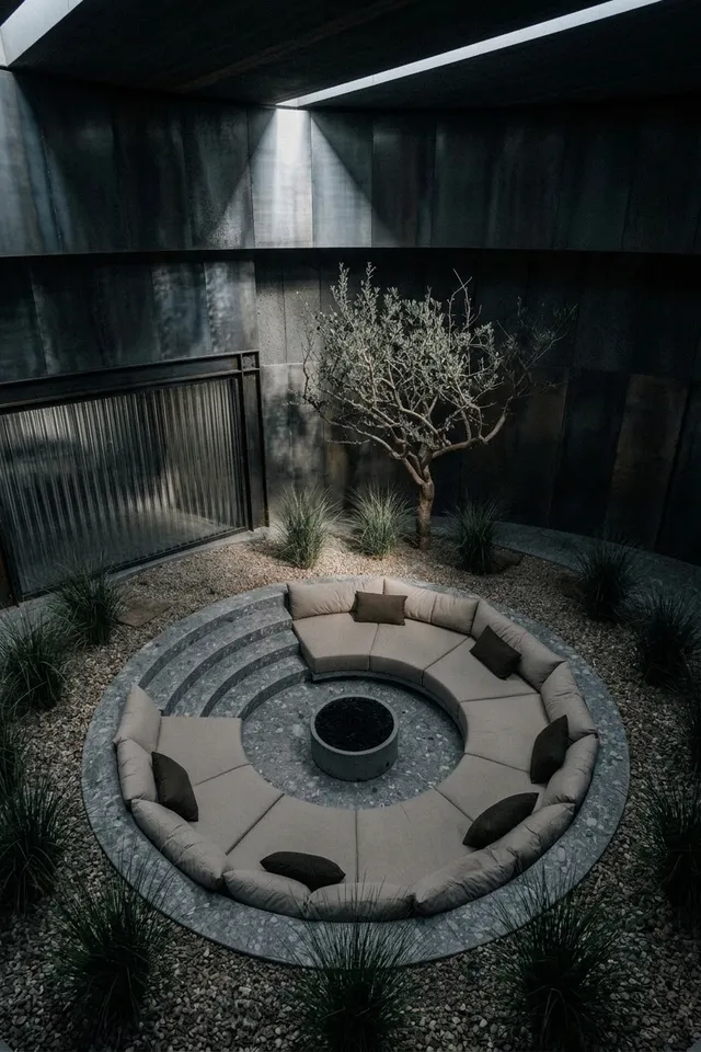 A serene outdoor lounge area featuring a circular sofa arrangement around a fire pit, with a solitary tree in the background. The visual medium is editorial photography, characterized by muted tones and shadows.