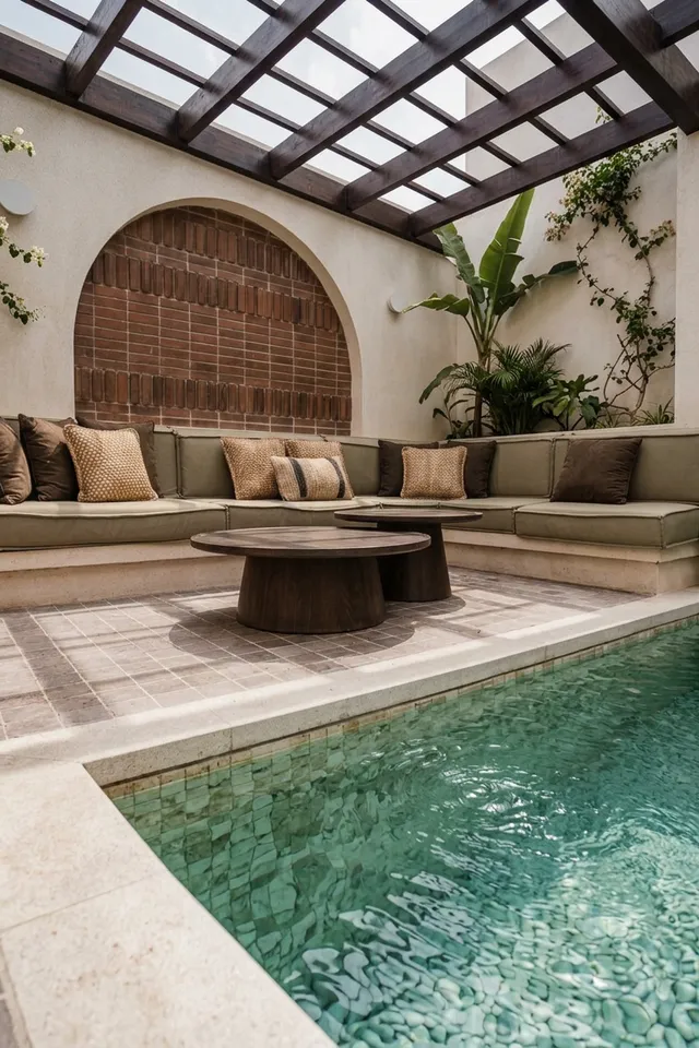 A serene interior scene showcasing a luxurious lounge area next to a tranquil pool, emphasizing clean lines and natural materials. The dominant colors are earthy tones and soft greens.