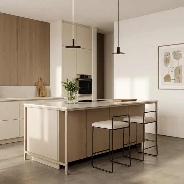 A contemporary kitchen interior featuring minimalist design elements, dominated by soft beige tones, with sleek cabinetry and a central island. The atmosphere is calm and inviting, enhanced by natural light filtering through the space.