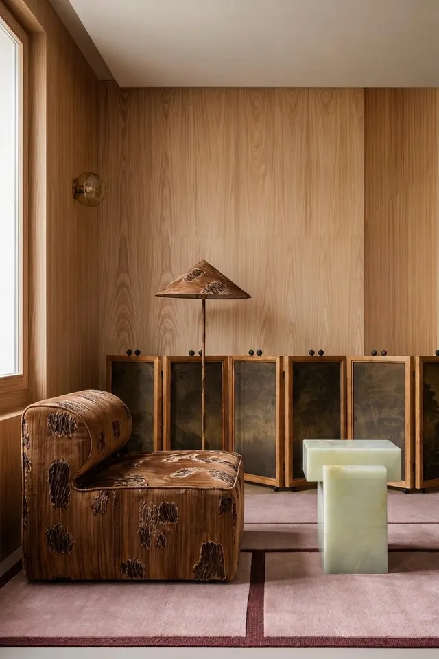 A serene interior scene featuring a sculptural wooden sofa and a translucent green stone table, captured in a digital illustration style. The warm wooden walls and soft natural lighting create a cozy and inviting atmosphere.