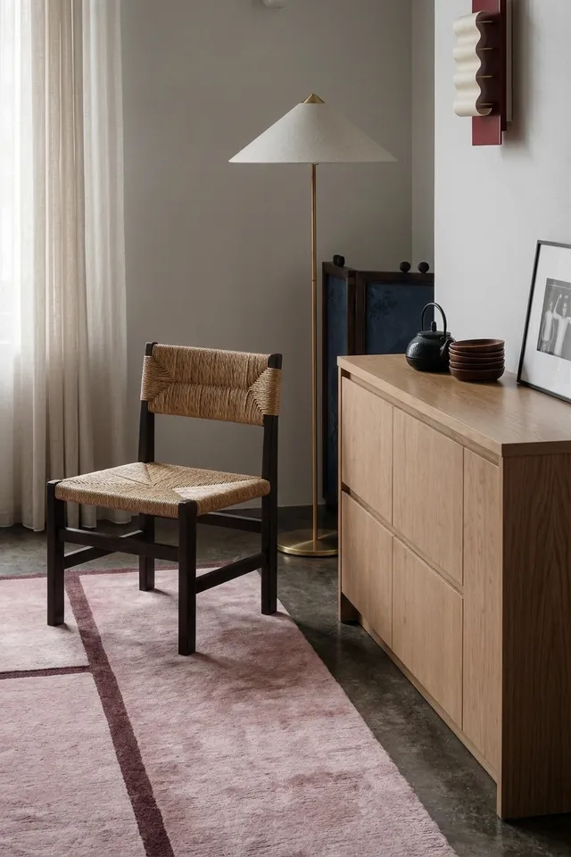 A serene interior scene featuring a minimalist chair and stylish decor, captured in editorial photography. The color palette includes soft tones of beige, brown, and muted pink.