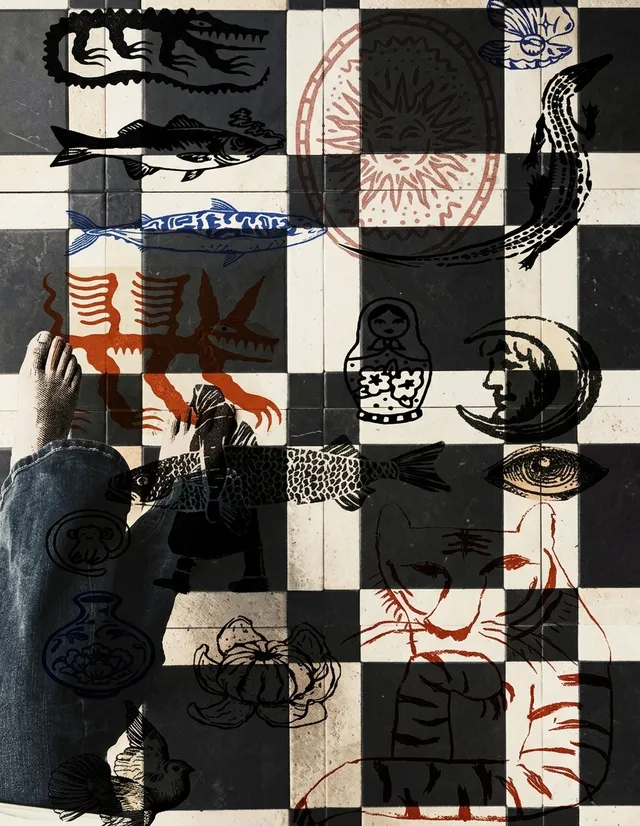 A surreal collaged artwork featuring a checkerboard pattern with various illustrated elements, including fish, animals, and abstract designs. The composition conveys a playful mood with warm tones and contrasting black and white.
