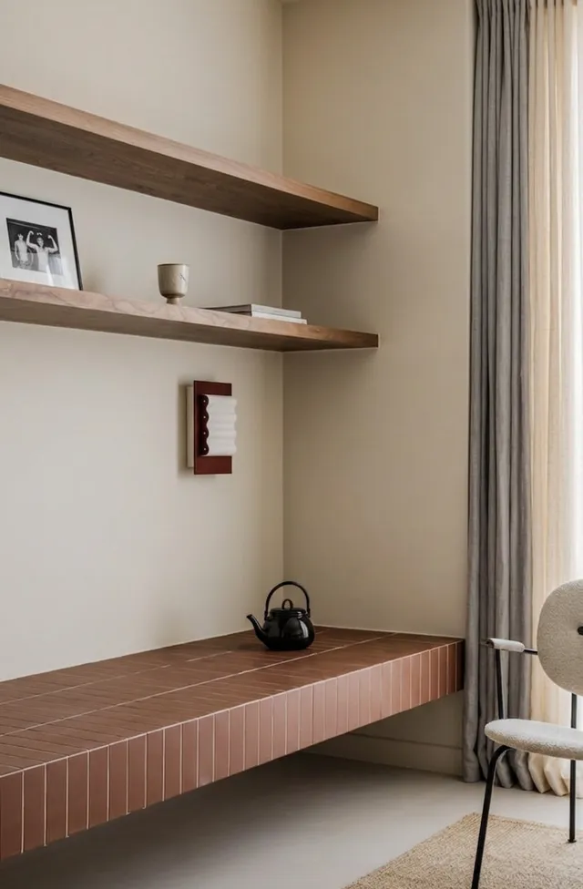 A serene interior scene featuring minimalist decor with a wooden shelf and a simple teapot on a brick-colored bench. The mood is calming with soft natural light streaming through sheer curtains.