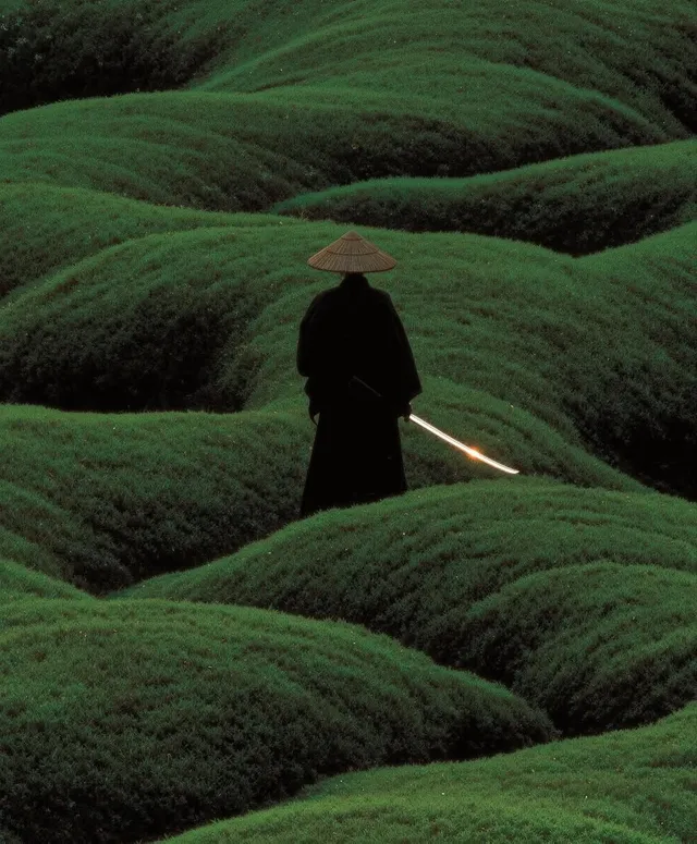A silhouette of a person wearing a traditional straw hat, standing amidst lush green tea fields. The image is captured in a moody editorial style, emphasizing the tranquil landscape and the deep greens of the foliage.