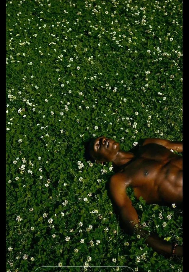 A full-figure portrait of a man lying on a lush green field adorned with small white flowers, captured in a vibrant editorial